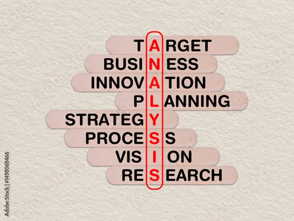 Fototapeta concept word analysis, crossword written on wooden stick, business analysis concept with copy space