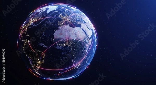 Obraz Global Network Connectivity - A vibrant globe showcases global connectivity, data flow, and a network of information, symbolizing technology, communication, collaboration, innovation, and progress