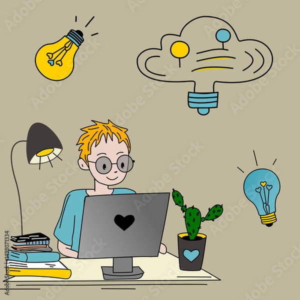 Fototapeta Seamless pattern with a boy studying at a desk, surrounded by light bulbs and cloud icons. Perfect for e-learning, school designs, and digital education tools.