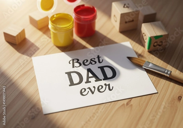 Fototapeta Best DAD ever card paint jars paintbrush and wooden blocks arranged for a Father's Day craft project