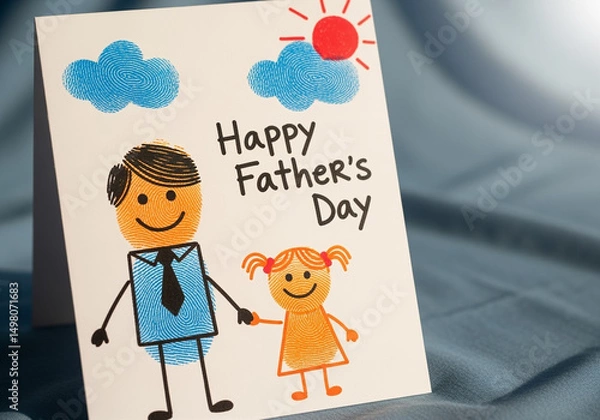 Fototapeta Happy Father's Day greeting card featuring fingerprint art of a father and daughter holding hands