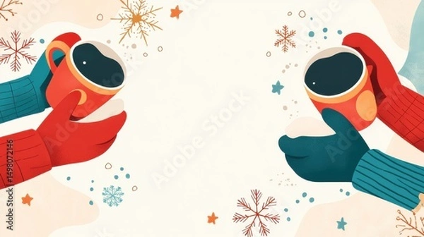 Obraz A cozy winter scene with two hands holding warm mugs of coffee, surrounded by festive snowflakes and stars.