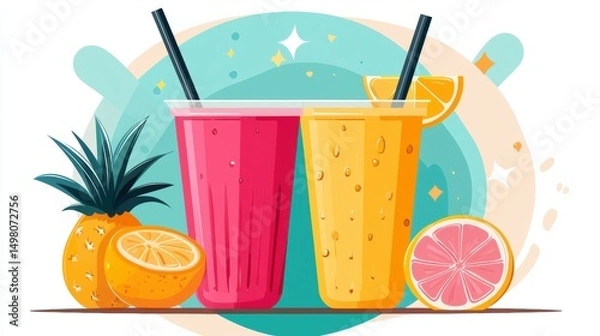 Obraz A refreshing tropical drink with a straw, garnished with a slice of orange and a slice of grapefruit.