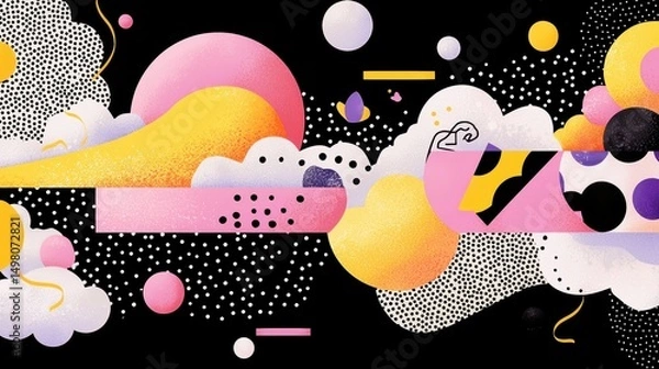 Obraz A vibrant abstract composition featuring geometric shapes, dots, and lines in a variety of colors.