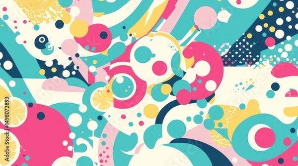 Obraz A vibrant abstract composition featuring a multitude of circles, squares, and triangles in a riot of colors.