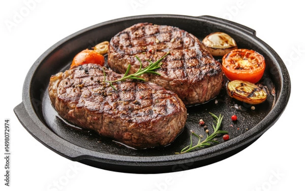 Obraz Two pieces of steak with a side of vegetables on a black plate