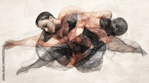 Obraz A digital artwork depicting a woman in a flowing dress, her body intertwined with a man's form, creating a sense of intimacy and connection.
