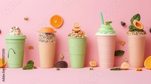 Obraz A row of six colorful drinks with fruit toppings.
