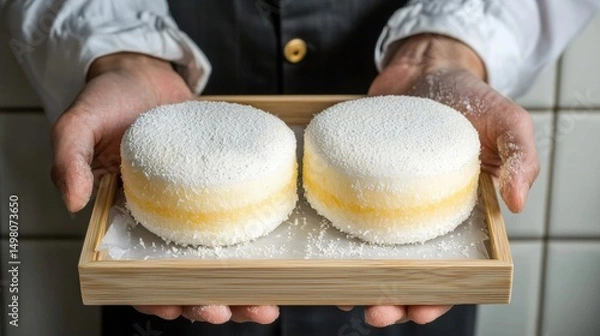 Obraz A man holding a tray with two round desserts.