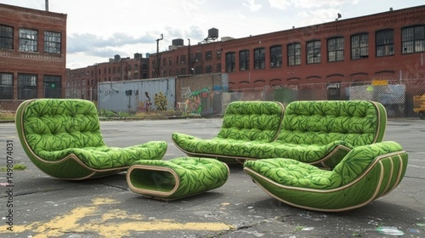 Obraz A green sofa and ottoman with a tropical leaf pattern.