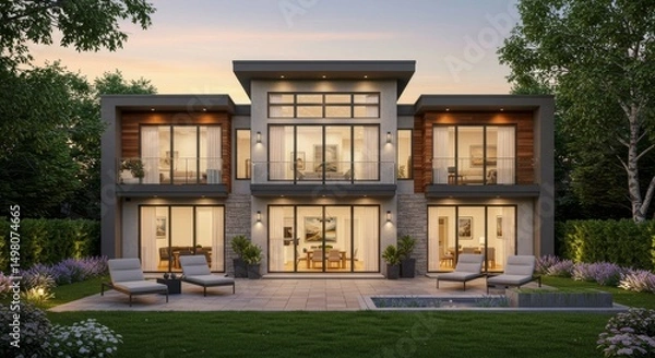 Obraz Modern Luxury Home Exterior Design - Stunning contemporary house exterior at dusk, showcasing sleek design, large windows, and backyard pool