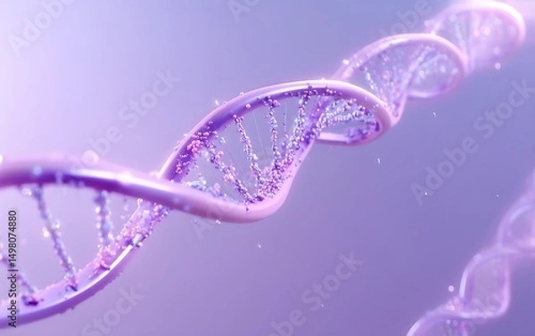 Fototapeta Stylized DNA strand floating in lower left corner on solid soft lavender background with wide empty space,