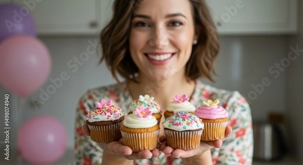 Obraz Mother's Day Cupcakes and Smiles - A happy mother holds five delicious cupcakes, symbolizing love, sweetness, celebration, family, and joy. Perfect for Mother's Day