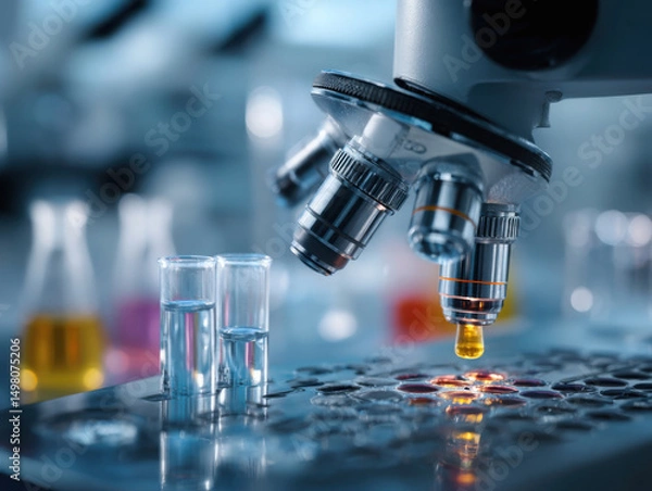 Fototapeta Advanced microscope in modern laboratory setting with samples