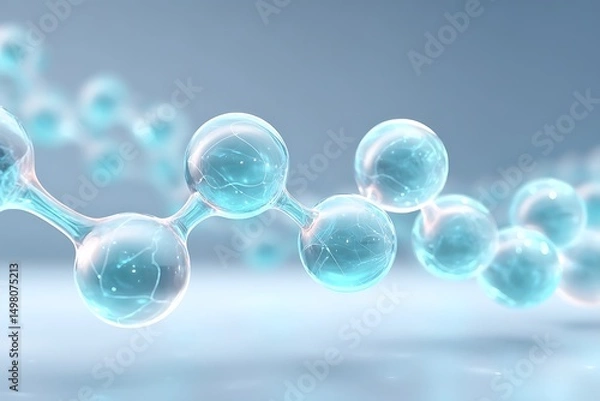 Fototapeta Stylized molecular chains hovering along bottom edge with light cyan gradient background and negative space,