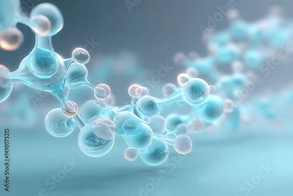 Fototapeta Stylized molecular chains hovering along bottom edge with light cyan gradient background and negative space,