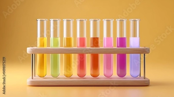 Fototapeta Test tube rack with multicolored solutions on soft yellow solid background, wide format with copy space,