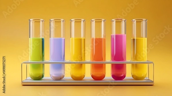 Fototapeta Test tube rack with multicolored solutions on soft yellow solid background, wide format with copy space,