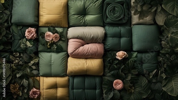 Obraz A collection of colorful pillows and blankets arranged in a visually appealing pattern.