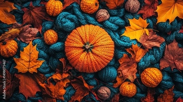 Obraz Autumnal Decoration: A Pumpkin, Walnut, and Maple Leaf on a Blue Rope