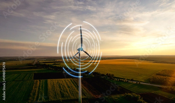 Obraz Digital graphic work on green energy power Production.Renewable energy design.Windmill and graphic diagram of air currents that produce green energy. Green energy power production it is future.