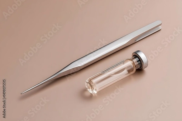 Fototapeta Top-down shot of sterile scalpel and vial kit on light taupe background, spaced out design,