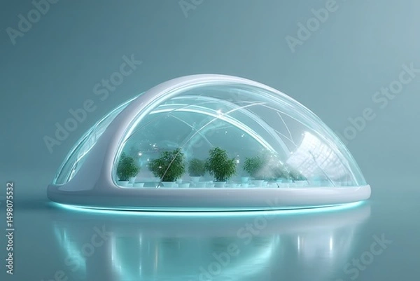 Fototapeta Transparent bio-dome model on soft teal background, futuristic eco-lab concept with copy space,