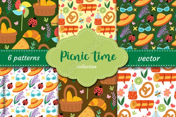 Fototapeta Charming picnic vector patterns with food baskets, croissants, cheese, drinks, sunglasses and ladybugs. Perfect for summer events, packaging, fabric and outdoor designs.