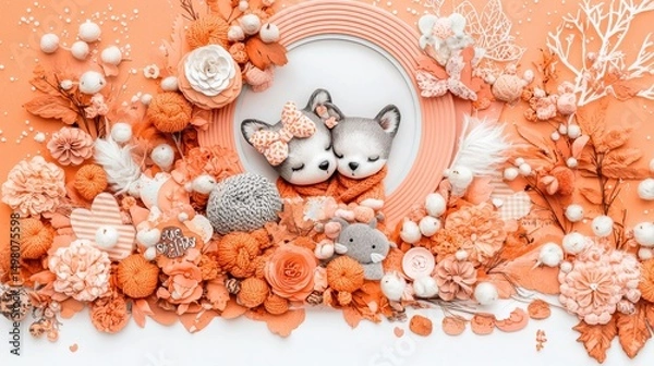 Obraz A charming scene of two dogs in a wreath, surrounded by flowers and other decorative elements.