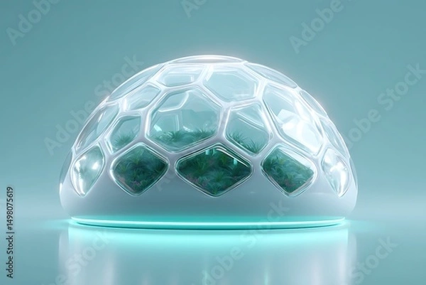 Fototapeta Transparent bio-dome model on soft teal background, futuristic eco-lab concept with copy space,