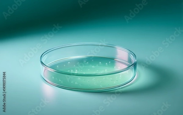 Fototapeta Transparent Petri dish with culture sample placed bottom-right on mint gradient background with negative space,