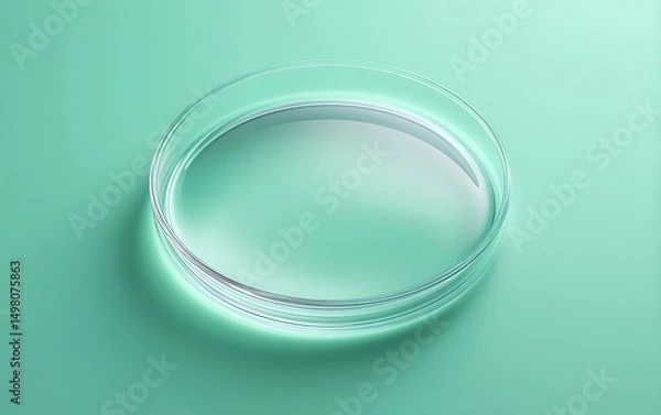 Fototapeta Transparent Petri dish with culture sample placed bottom-right on mint gradient background with negative space,
