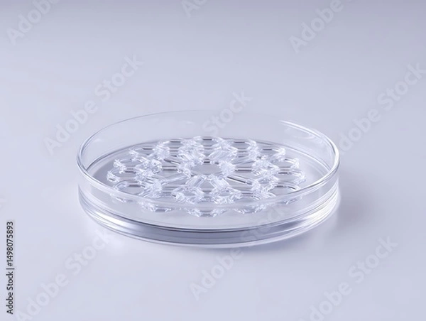 Fototapeta Transparent petri dish with geometric patterns on soft white background, center focus with room to edit,