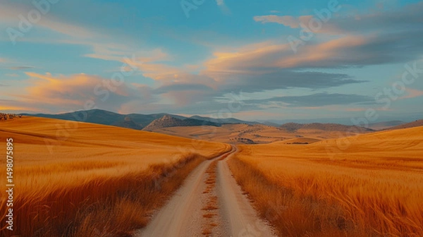 Fototapeta a quiet countryside dirt road surrounded by golden wheat fields