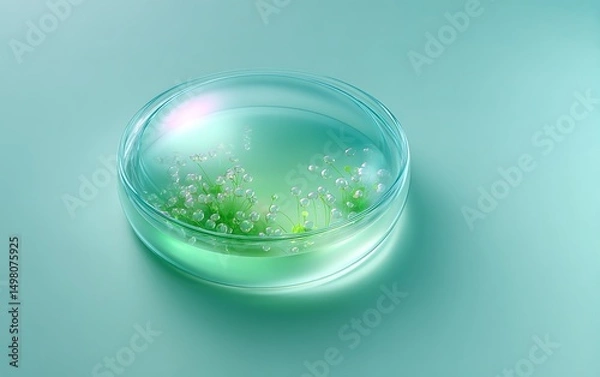 Fototapeta Transparent Petri dish with culture sample placed bottom-right on mint gradient background with negative space,