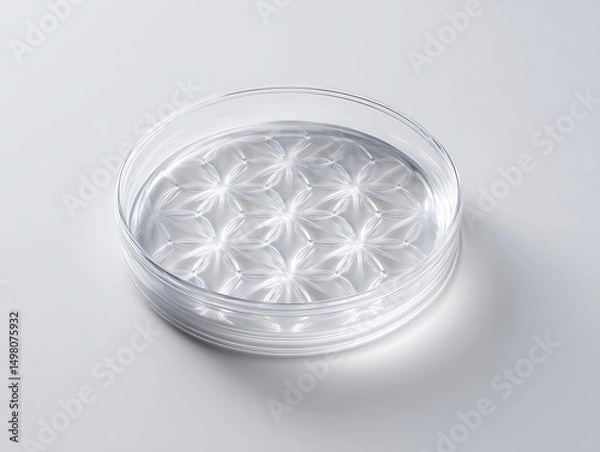 Fototapeta Transparent petri dish with geometric patterns on soft white background, center focus with room to edit,