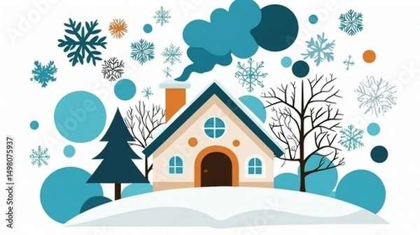Obraz A cozy winter scene with a house, trees, and snowflakes.