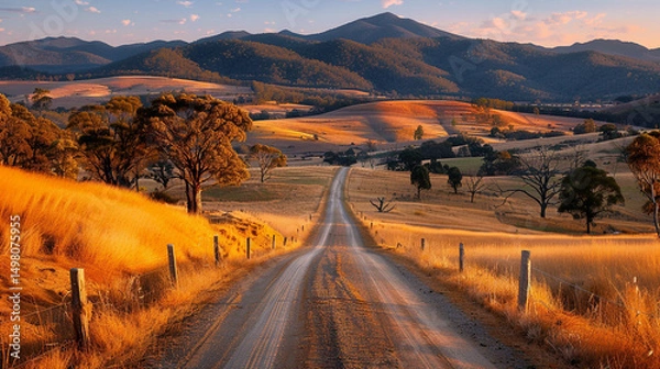 Fototapeta a quiet countryside dirt road surrounded by golden wheat fields