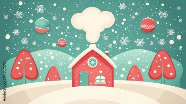 Obraz A cozy red house with a chimney sits in a snowy landscape, surrounded by festive Christmas decorations.