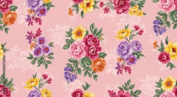 Fototapeta Pink Floral Bouquet Pattern - Vibrant floral pattern featuring pink, yellow, purple, and orange roses and other blooms on a soft pink background. Perfect for textile design, wallpaper