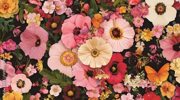 Obraz A vibrant collage of flowers in various colors and sizes, with a butterfly adding a touch of whimsy.