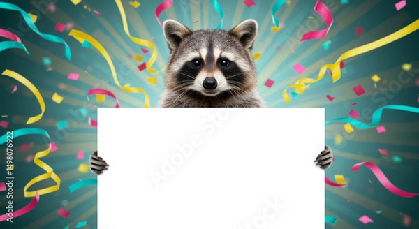 Obraz Raccoon Holding Blank Sign Festive Celebration - A playful raccoon holds a blank sign, surrounded by colorful confetti and ribbons. Symbolizing fun, celebration, announcements, marketing