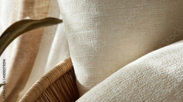 Obraz Beige pillows on a rattan chair with a textured fabric and soft lighting.