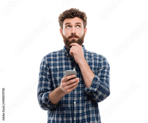 Obraz A man with a beard, holding a phone, looks up thoughtfully with hand on his chin.