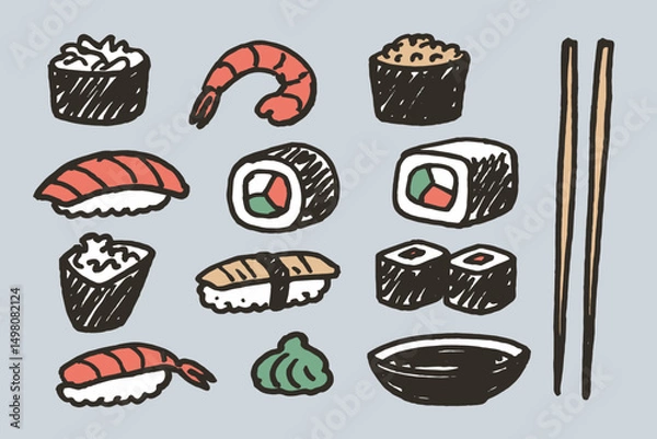 Fototapeta sushi rolls set cartoon sketch vector illustration