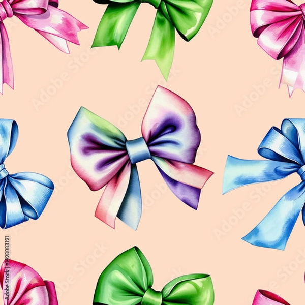 Fototapeta ribbons tied in a bow, pattern, seamless texture. watercolor illustration. artificial intelligence generator, AI, neural network image. background for the design