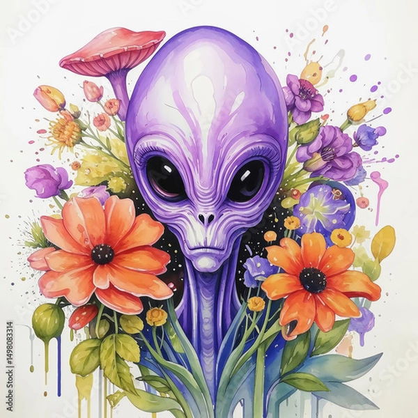 Fototapeta an alien with big eyes in flowers, a space man, a ufo. watercolor illustration. artificial intelligence generator, AI, neural network image. background for the design