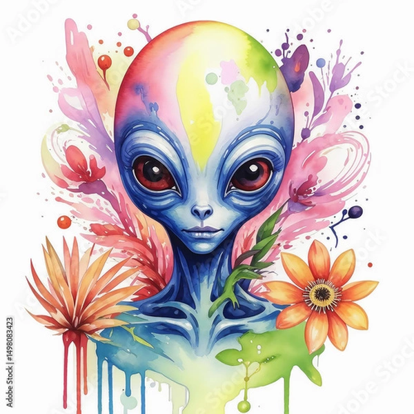 Fototapeta an alien with big eyes in flowers, a space man, a ufo. watercolor illustration. artificial intelligence generator, AI, neural network image. background for the design