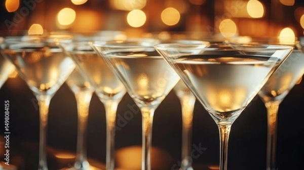 Obraz A row of filled martini glasses reflects warm golden bokeh lights background.