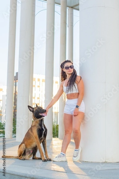 Fototapeta The dog Malinois and the girl in white stand at the column